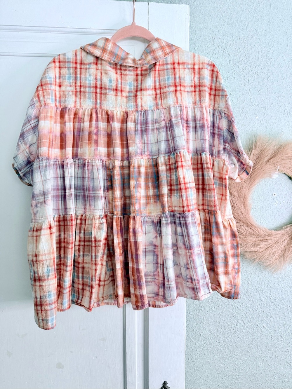 Women’s Short-Sleeve Button-Front Plaid Peplum Top - Pink Multi - Picture 8 of 9